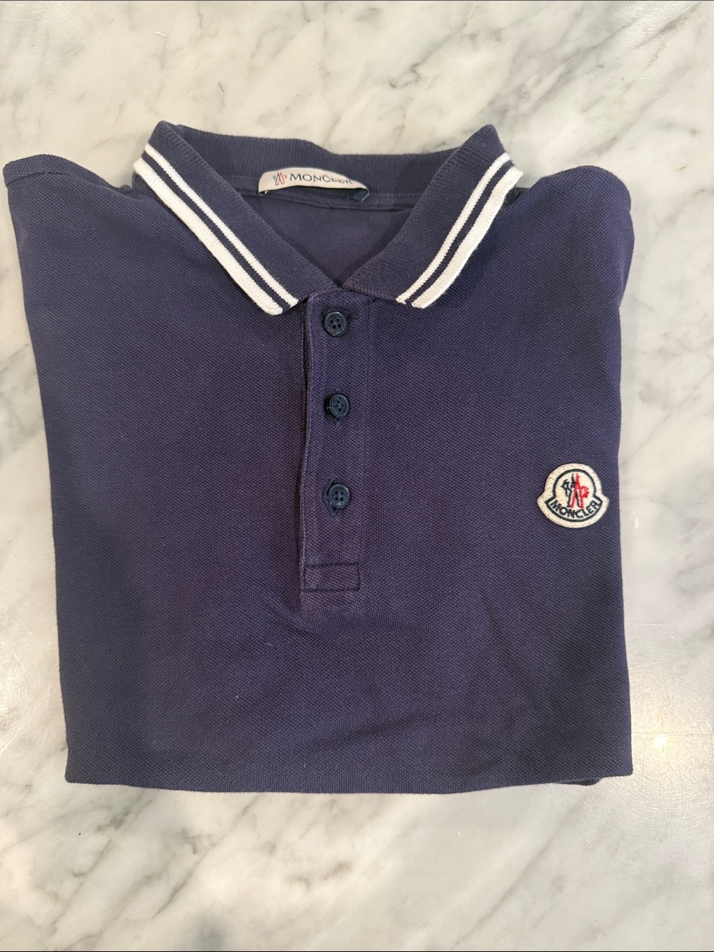 Moncler Navy Polo with Contrast White Stripe Collar